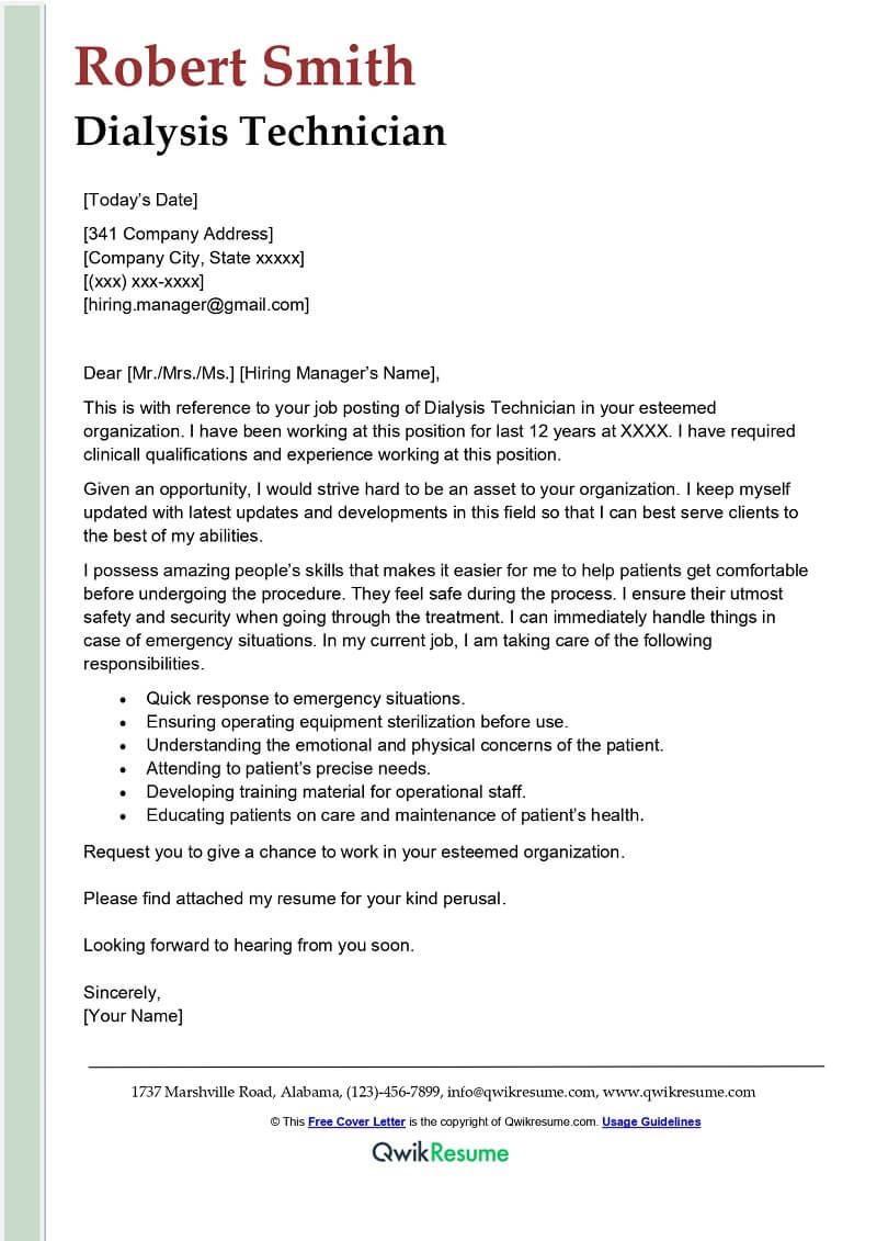 Dialysis Patient Care Tech Sample Resume Dialysis Technician Cover Letter Examples – Qwikresume