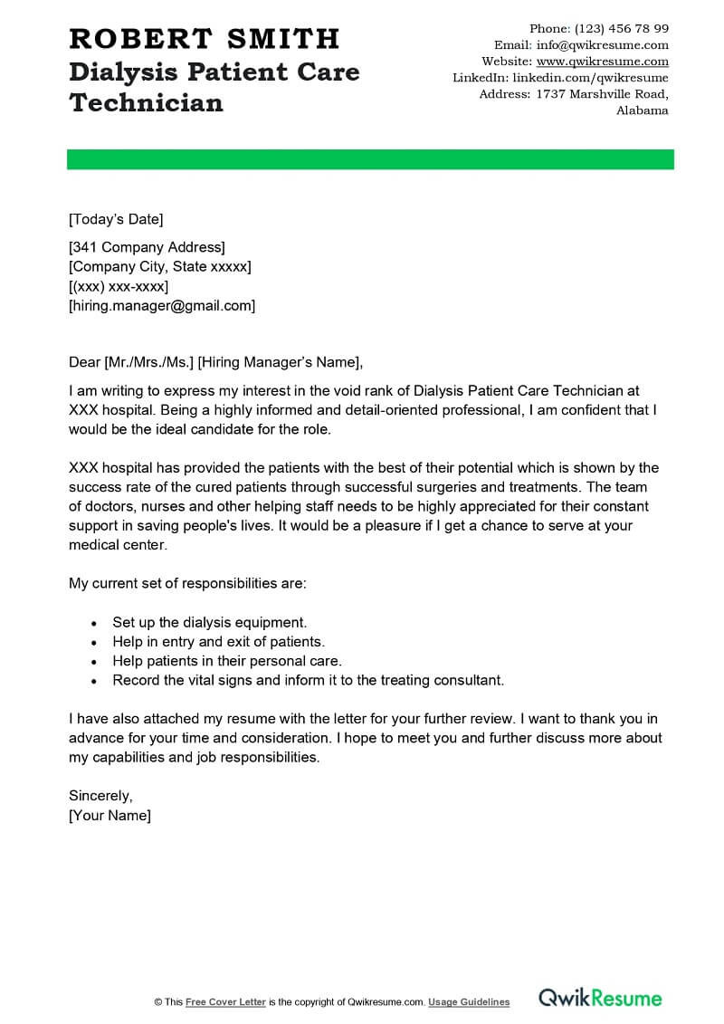 Dialysis Patient Care Technician Resume Sample Dialysis Patient Care Technician Cover Letter Examples – Qwikresume