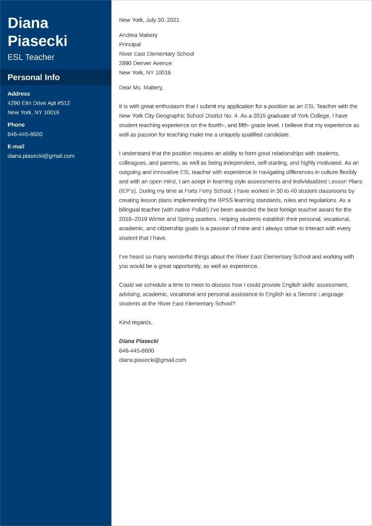 English Teacher Resume Cover Letter Sample Esl Teacher Cover Letterâsamples [lancarrezekiq No Experience]