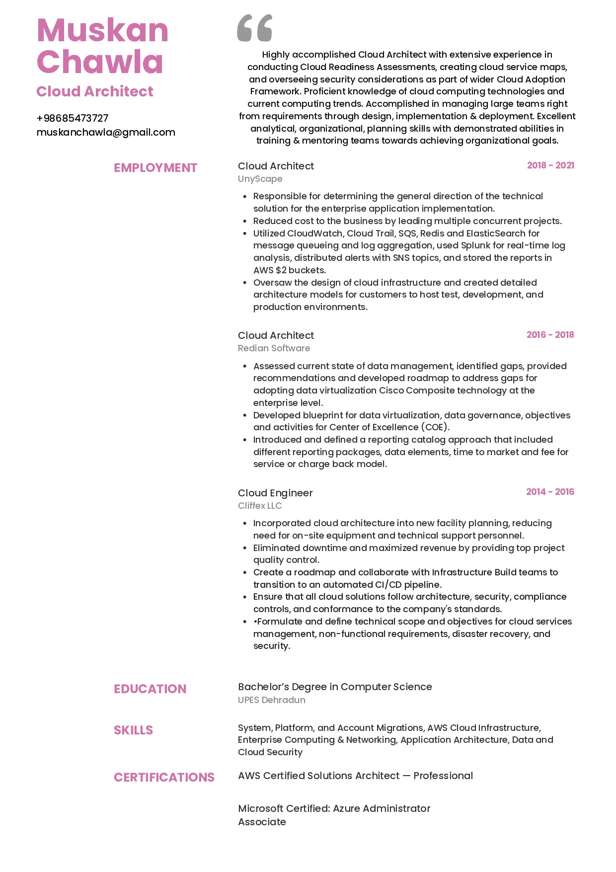 Enterprise Azure Cloud Architect Sample Resume Sample Resume Of Cloud Architect with Template & Writing Guide …