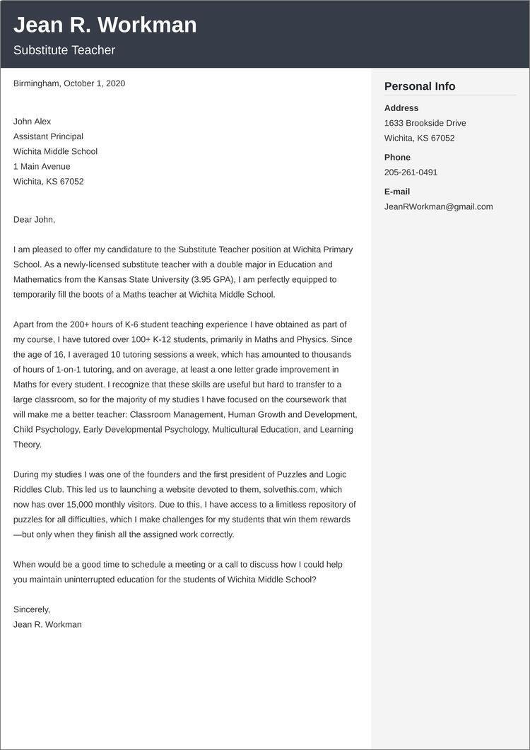 Entry Level Sample Substitute Teacher Resume Substitute Teacher Cover Letter Examples & Templates (2022)