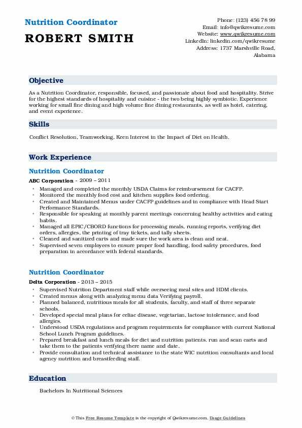 Food Science and Nutrition Resume Sample Nutrition Coordinator Resume Samples