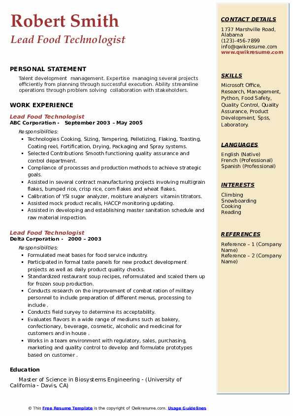 Food Science and Technology Resume Sample Food Technologist Resume Samples