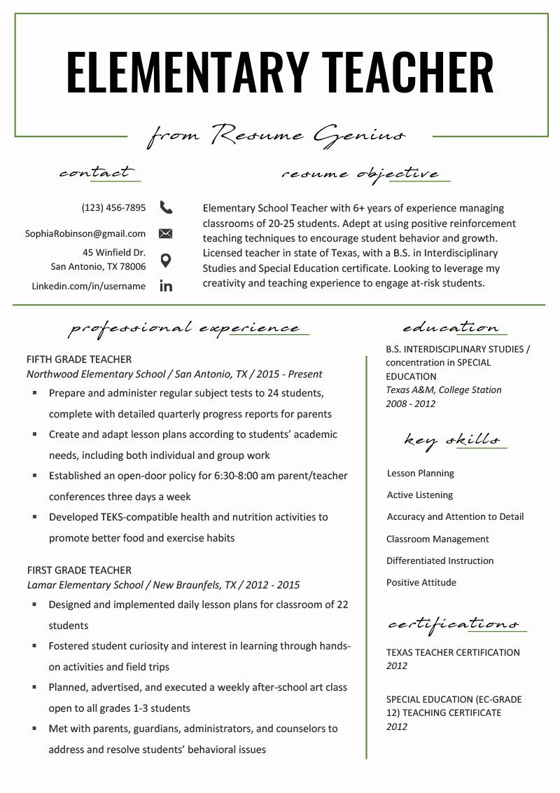 Free Sample Resume for Elementary Teachers Free Teacher Resume Templates New Elementary Teacher Resume …