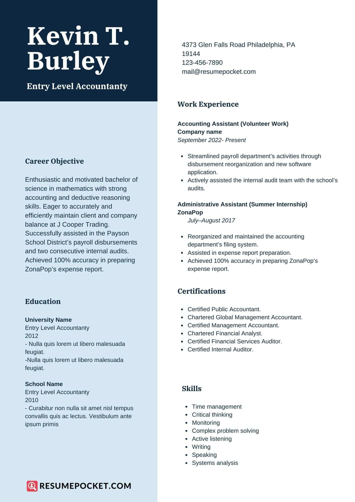 Free Sample Resume for Entry Level Accounting and Finance Entry Level Accountant Resume Samples – Resumepocket