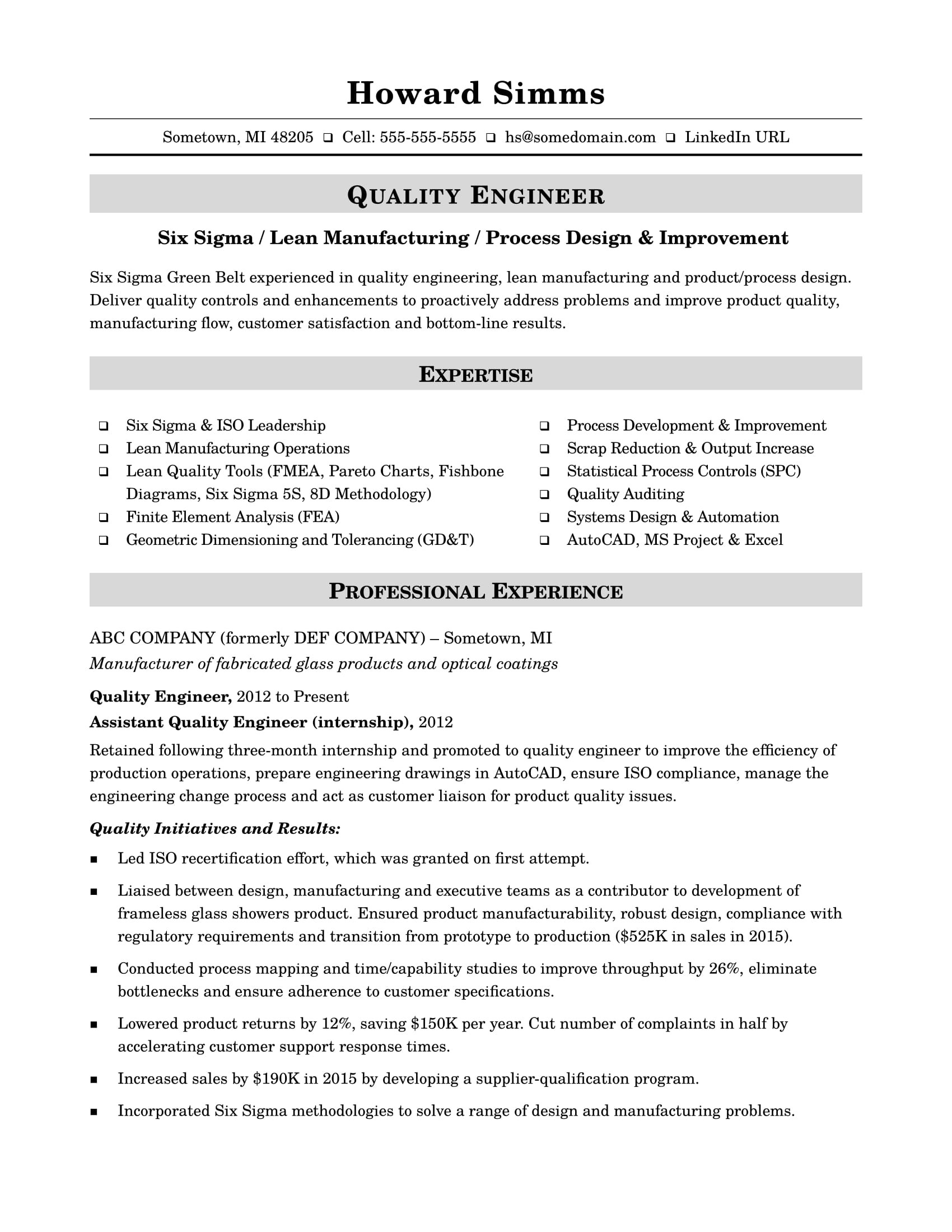 Lean Six Sigma Knowledge On Resume Sample Sample Resume for A Midlevel Quality Engineer Monster.com