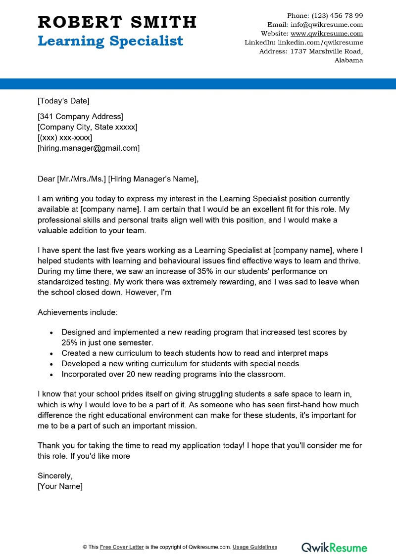 Learning Specialist Job Description Great Sample Resume Learning Specialist Cover Letter Examples – Qwikresume