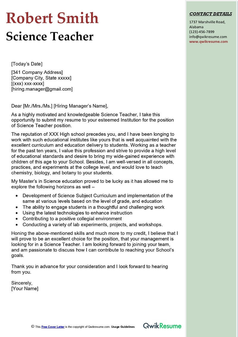 New Teacher Resume Cover Letter Sample Science Teacher Cover Letter Examples – Qwikresume