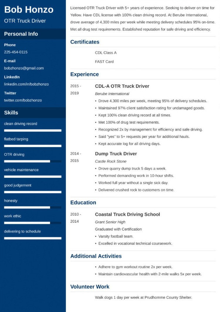 New Truck Driver Resume Sample Canada Truck Driver Resumeâexamples and 25lancarrezekiq Writing Tips