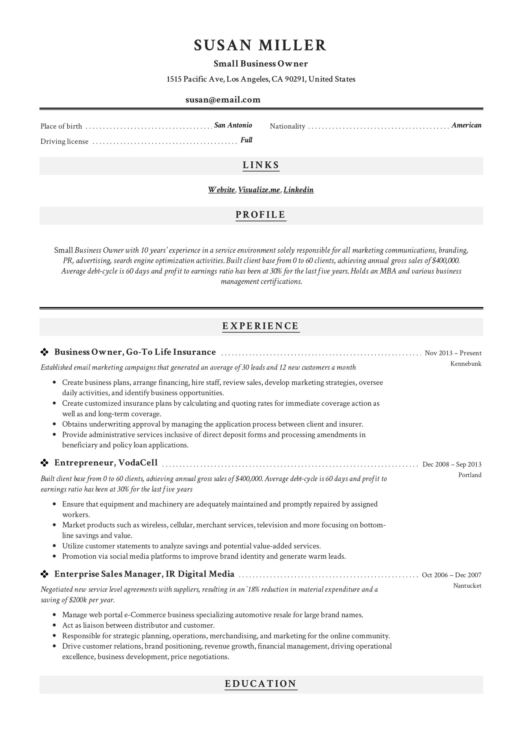 Owner Founder Logistics Company Sample Resume Small Business Owner Resumes  19 Examples Pdf 2022