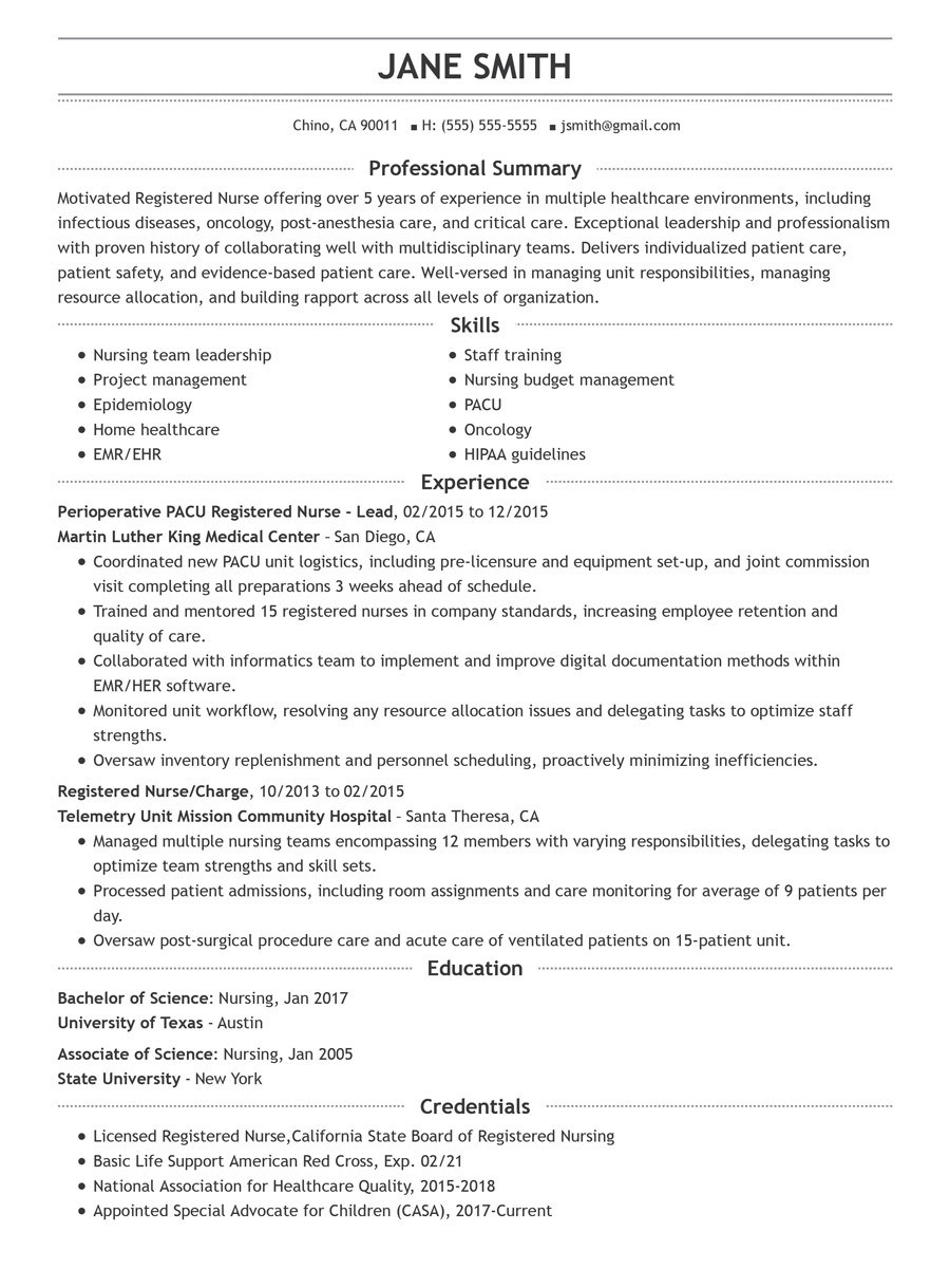 Pacu Nurse Career Profile Sample Resume Nursing Resume: Guide with Examples & Templates