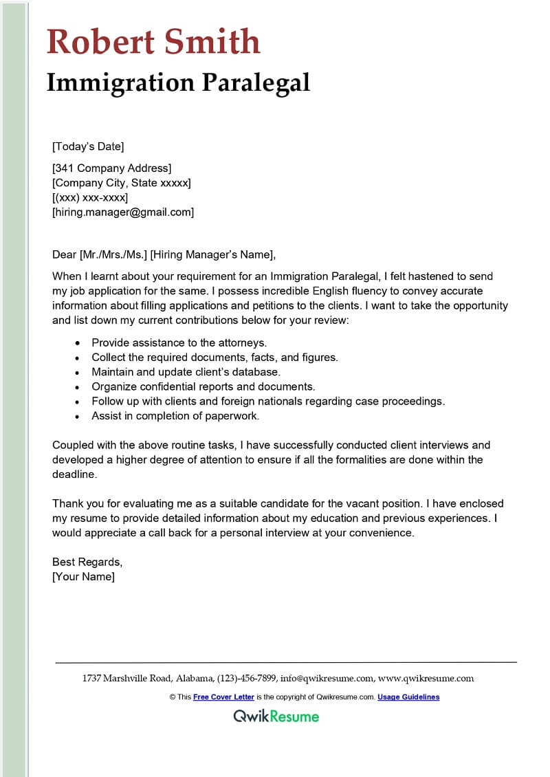 Paralegal Sample Resume and Cover Letter Immigration Paralegal Cover Letter Examples – Qwikresume