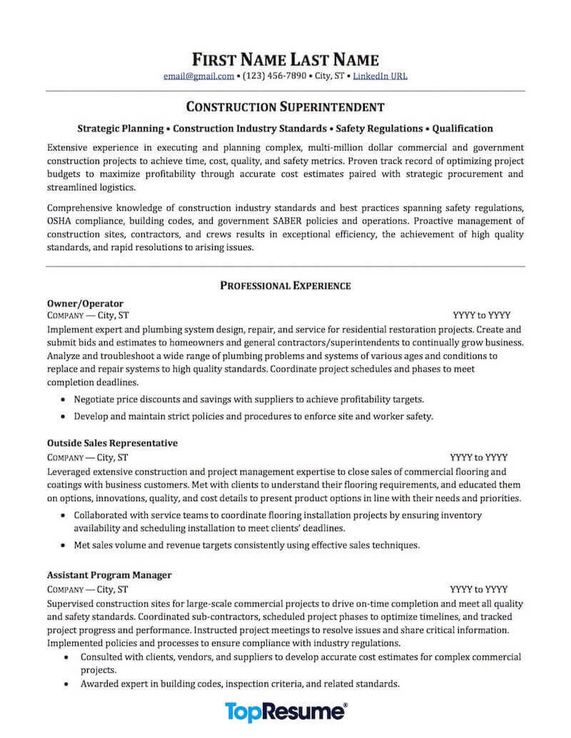 Professional Summary Resume Sample for Construction Contractor and Construction Resume Samples Professional Resume …