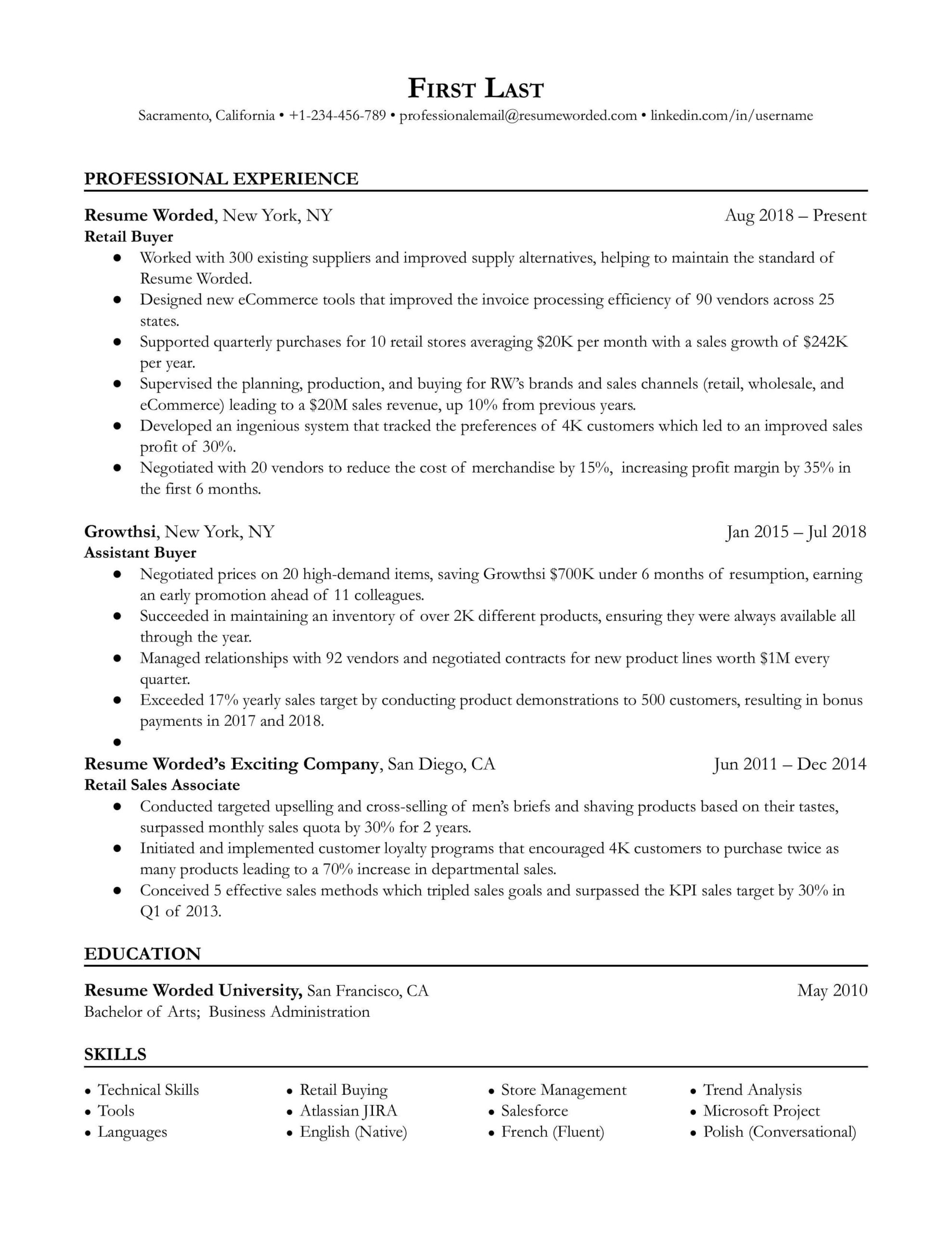 Professional Summary Resume Sample for Retail 5 Retail Resume Examples for 2022 Resume Worded