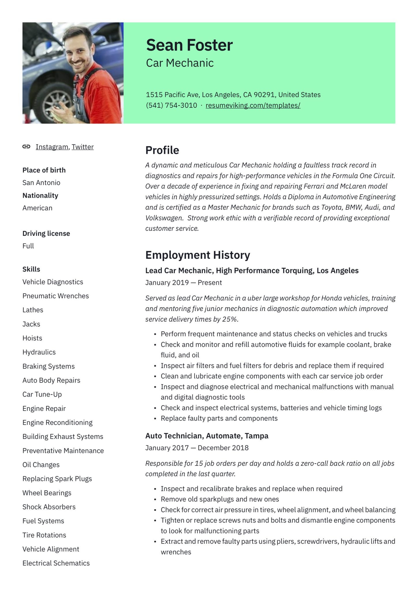 Professional Summary Resume Sample General Manager Tire Shop Car Mechanic Resume & Guide 19 Resume Examples 2022