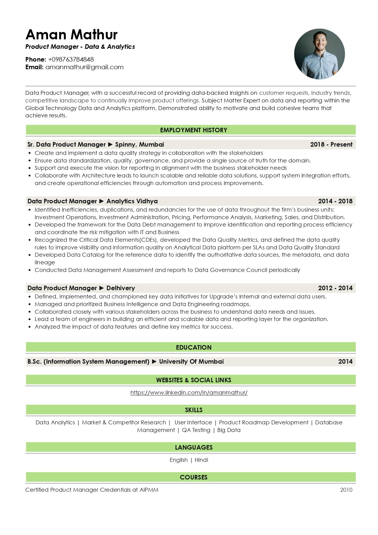 Reporting and Analytics Manager Sample Resume Sample Resume Of Data Product Manager with Template & Writing …