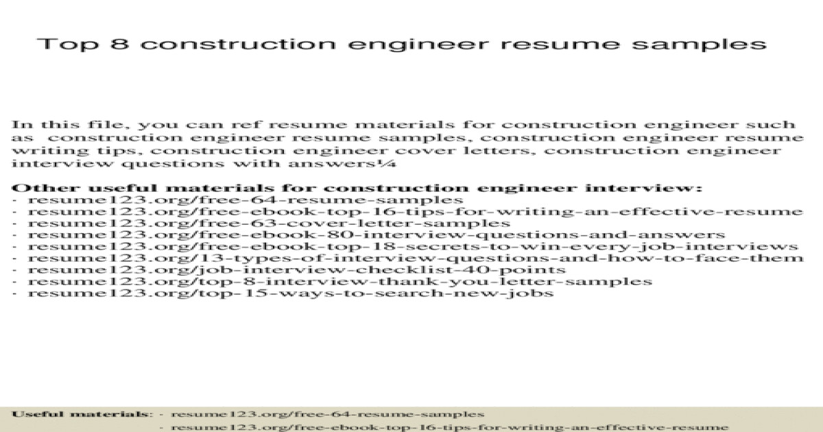 Resume 123 org Free 64 Resume Samples top 8 Construction Engineer Resume Samples [pptx Powerpoint]
