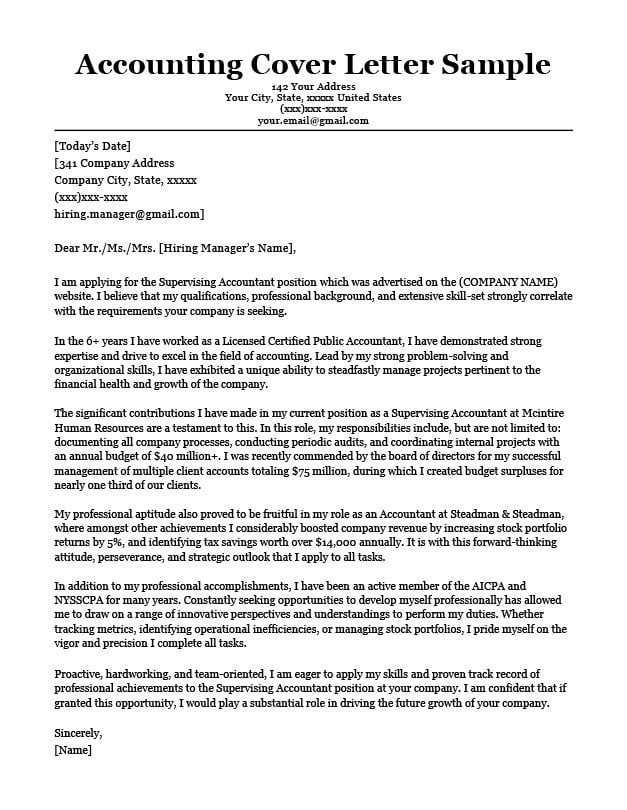 Resume Cover Letter Sample for Accounting Position Accounting Cover Letter Sample & Writing Tips