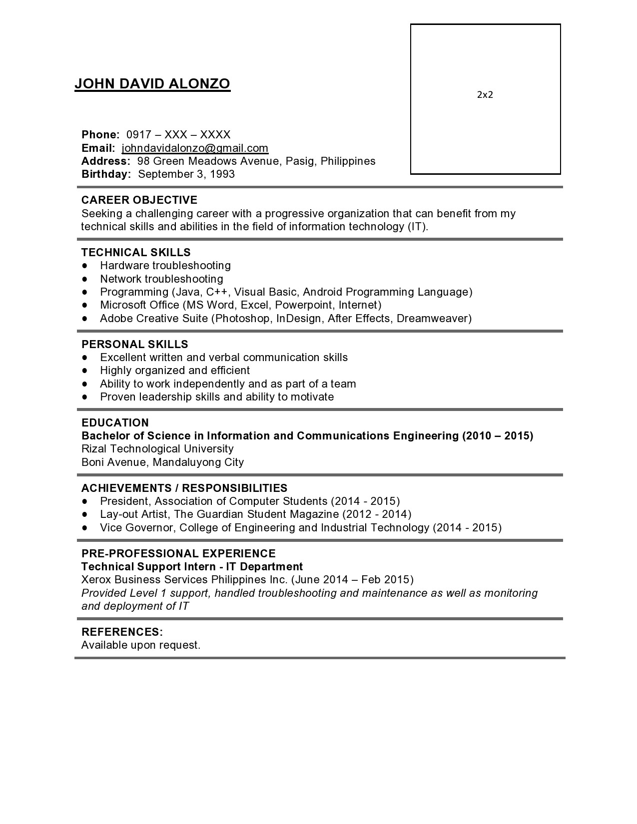 Resume format Sample for Job Application Philippines Sample Resume formats for Fresh Graduates
