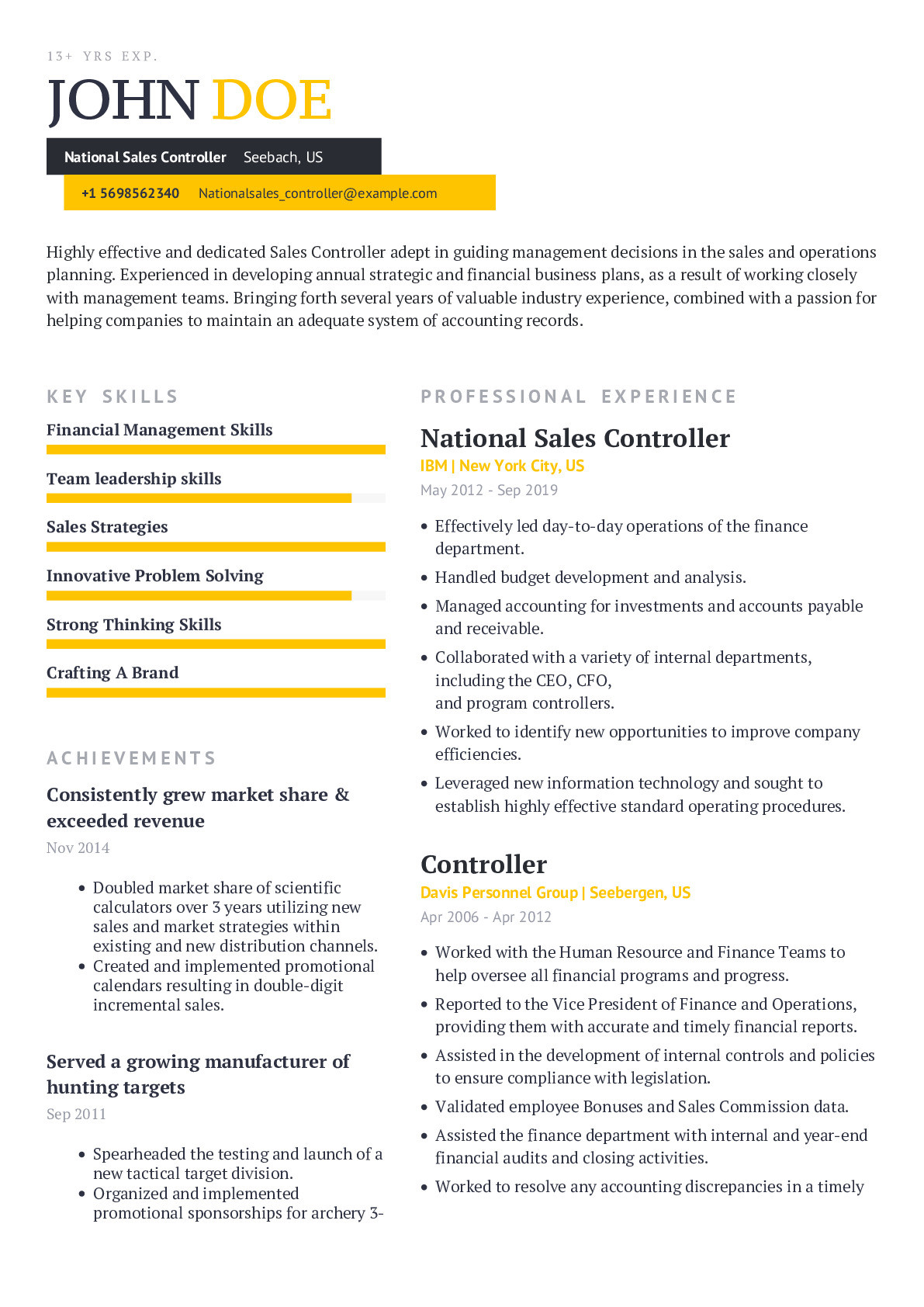 Resume Sample for Controller at College University National Sales Controller Resume Example with Content Sample …