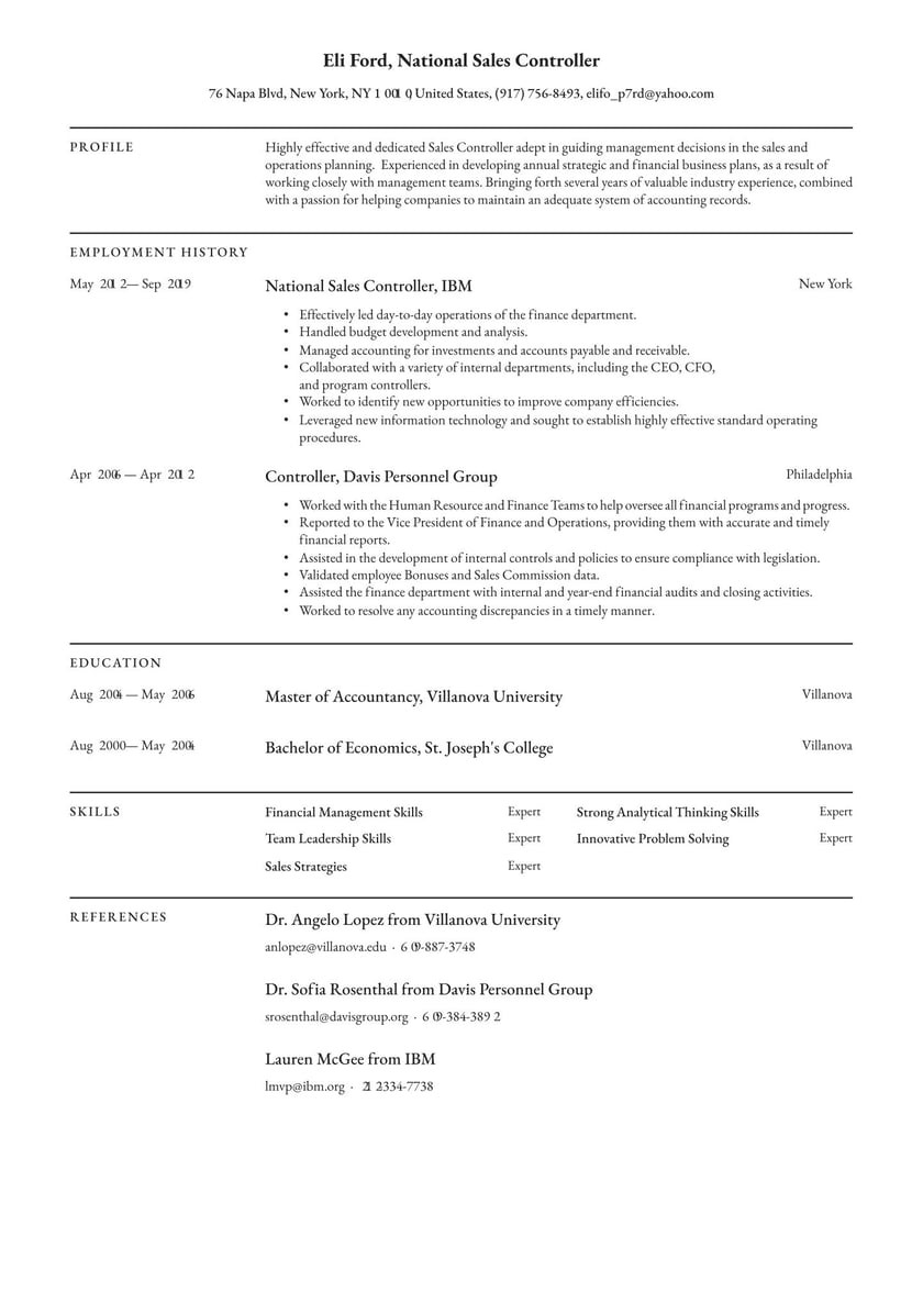 Resume Sample for Controller at College University National Sales Controller Resume Examples & Writing Tips 2022 (free
