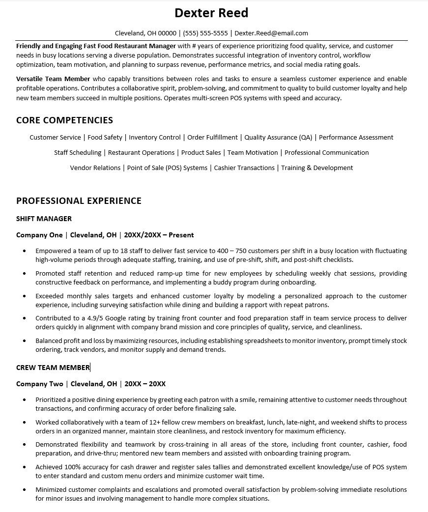 Resume Skills Sample for Service Crew Fast Food Resume Sample Monster.com