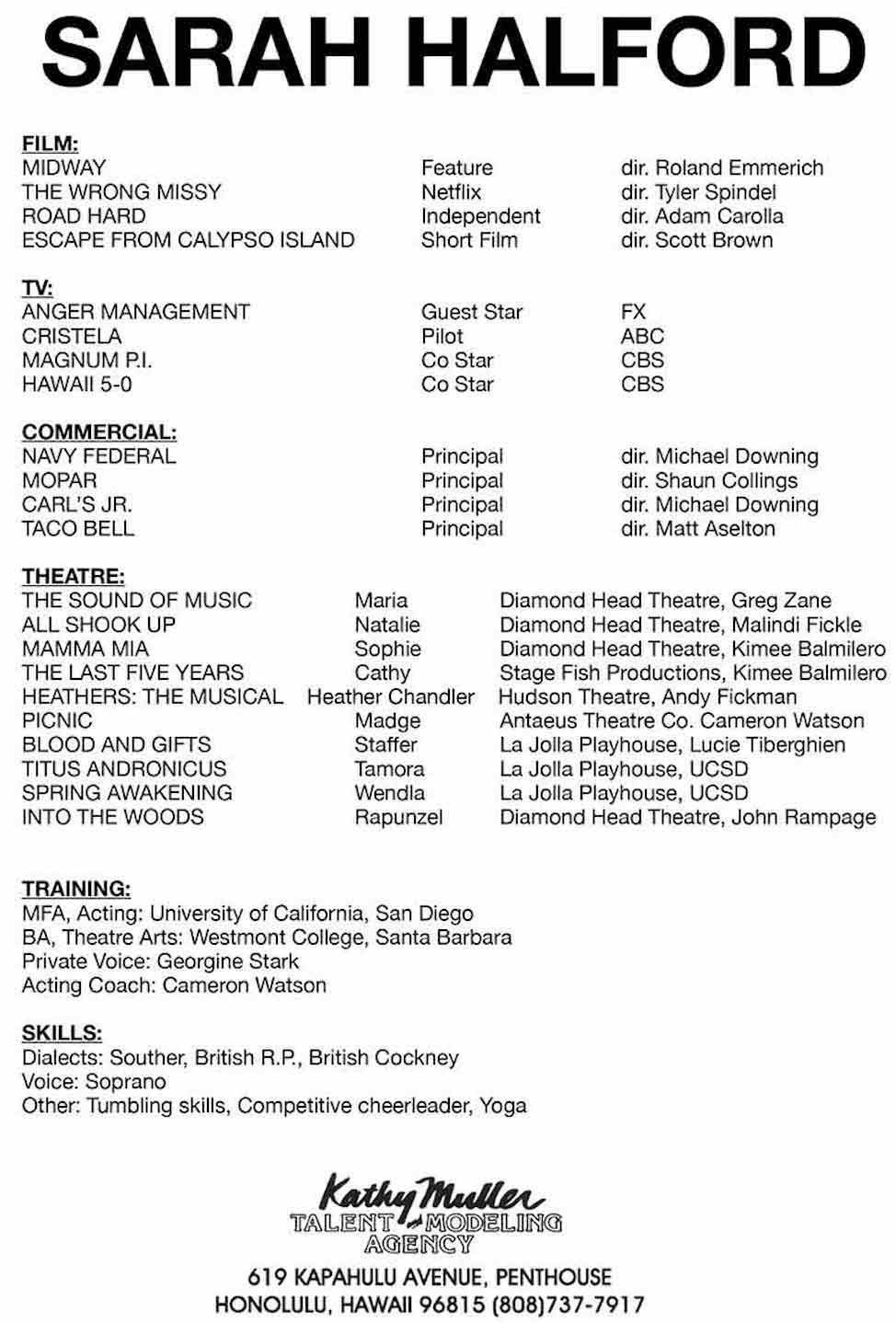Sample Acting Resume with Agency Listing Acting Resumes that Get You Work: A How to Guide for Actors