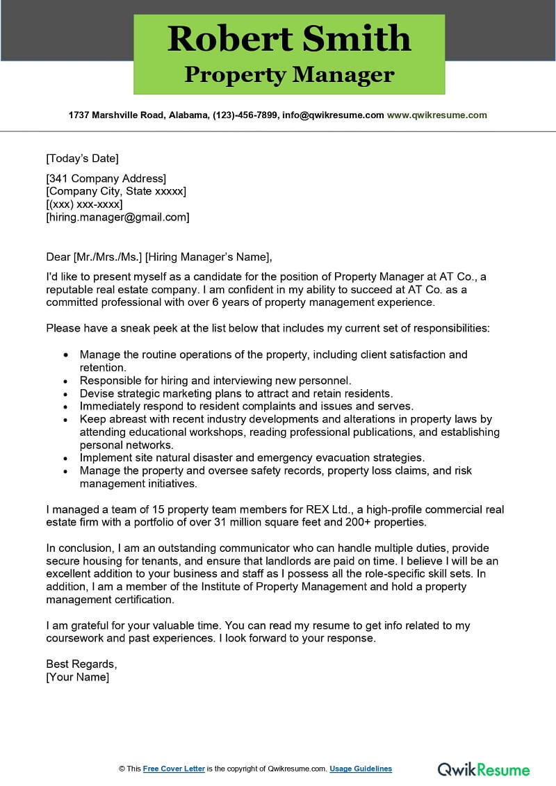 Sample Cover Letter for Resume for assistant Apartment Manager Property Manager Cover Letter Examples – Qwikresume