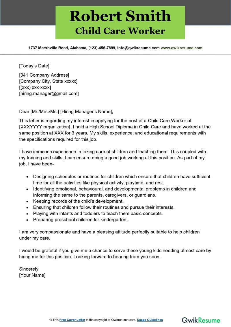 Sample Cover Letter for Resume for Childrens Director Child Care Worker Cover Letter Examples – Qwikresume