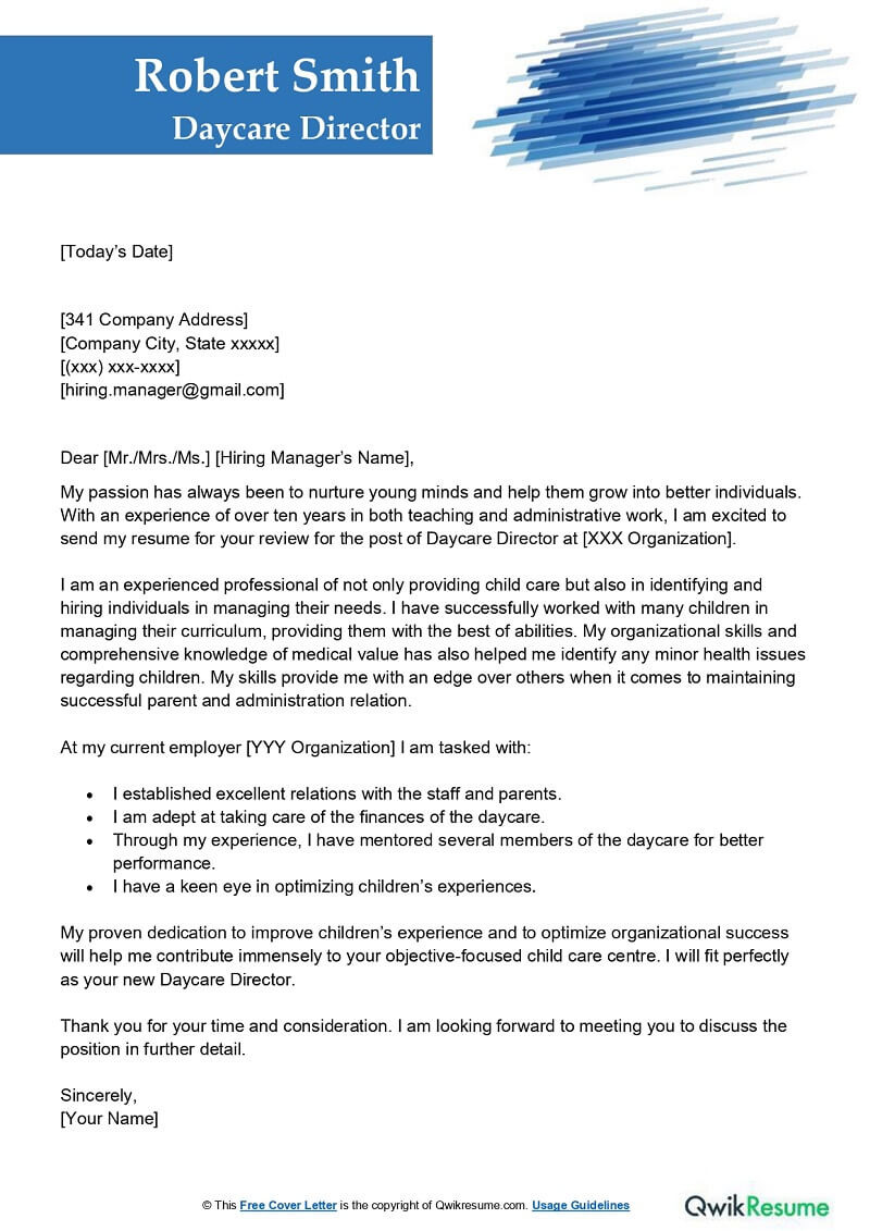 Sample Cover Letter for Resume for Childrens Director Daycare Director Cover Letter Examples – Qwikresume