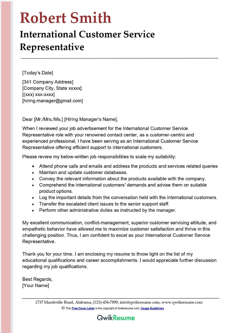 Sample Cover Letter for Resume for Customer Service International Customer Service Representative Cover Letter …