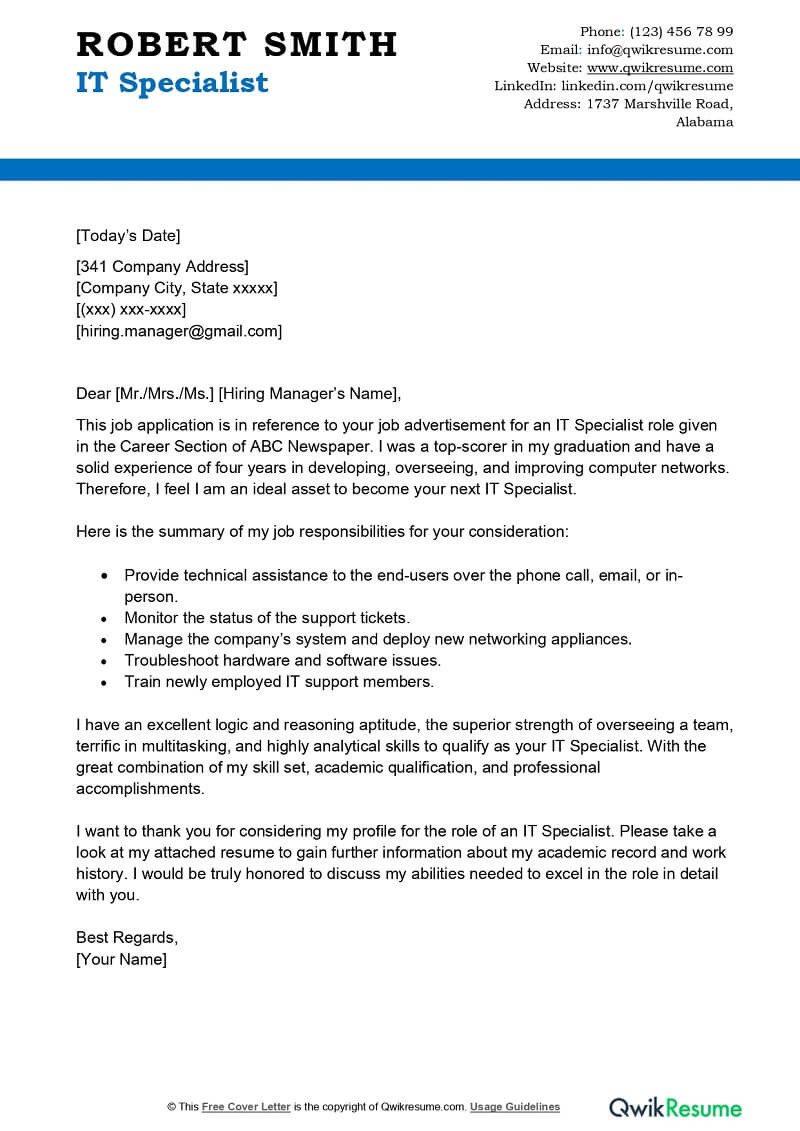 Sample Cover Letter for Resume for It Professional It Specialist Cover Letter Examples – Qwikresume