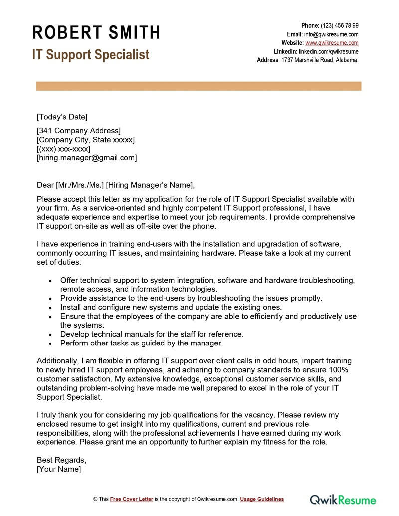 Sample Cover Letter for Resume for It Professional It Support Specialist Cover Letter Examples – Qwikresume