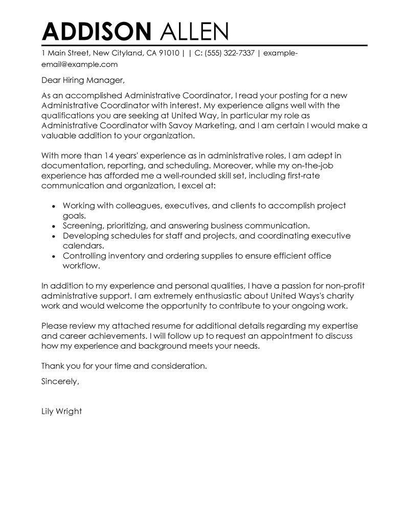 Sample Cover Letter for Resume for Non Profit Position Administrative Coordinator Cover Letter Examples Administration …
