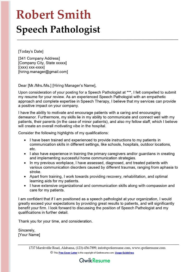 Sample Cover Letter for Resume for Speech Language Pathologist Speech Pathologist Cover Letter Examples – Qwikresume