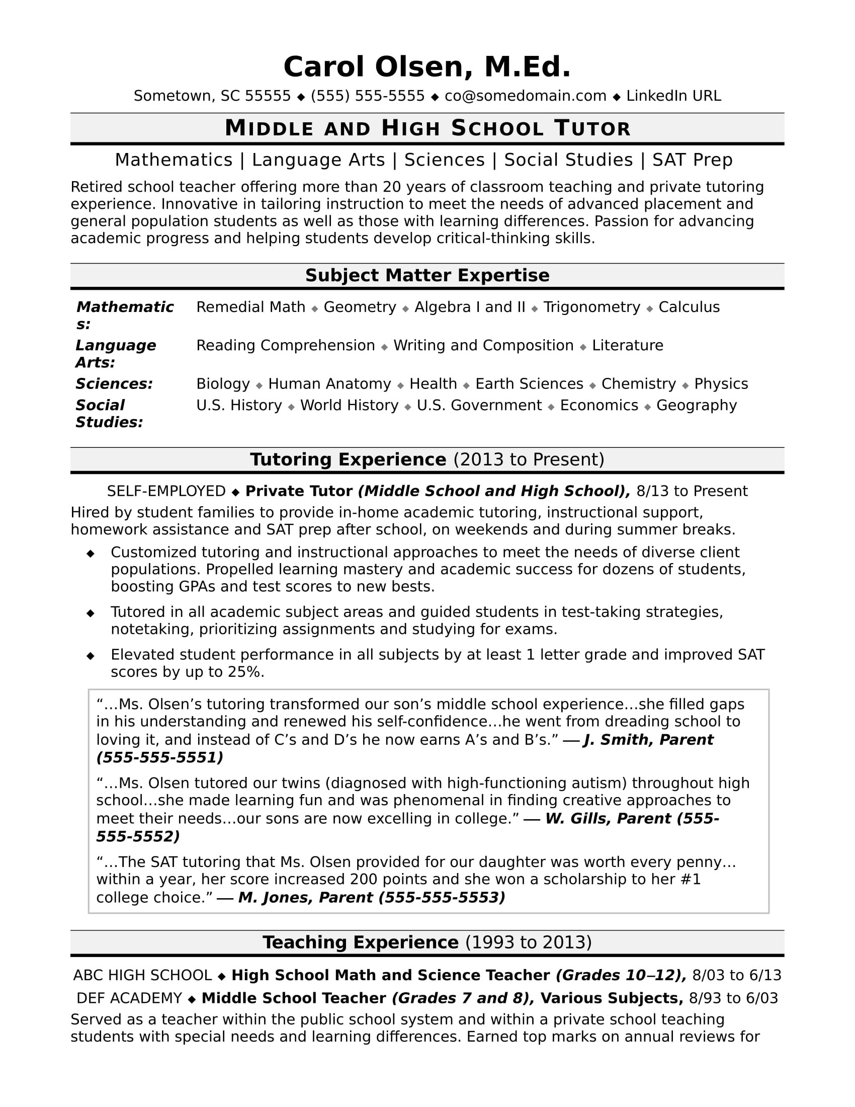 Sample High School Student Resume for Tutoring Job Tutor Resume Monster.com