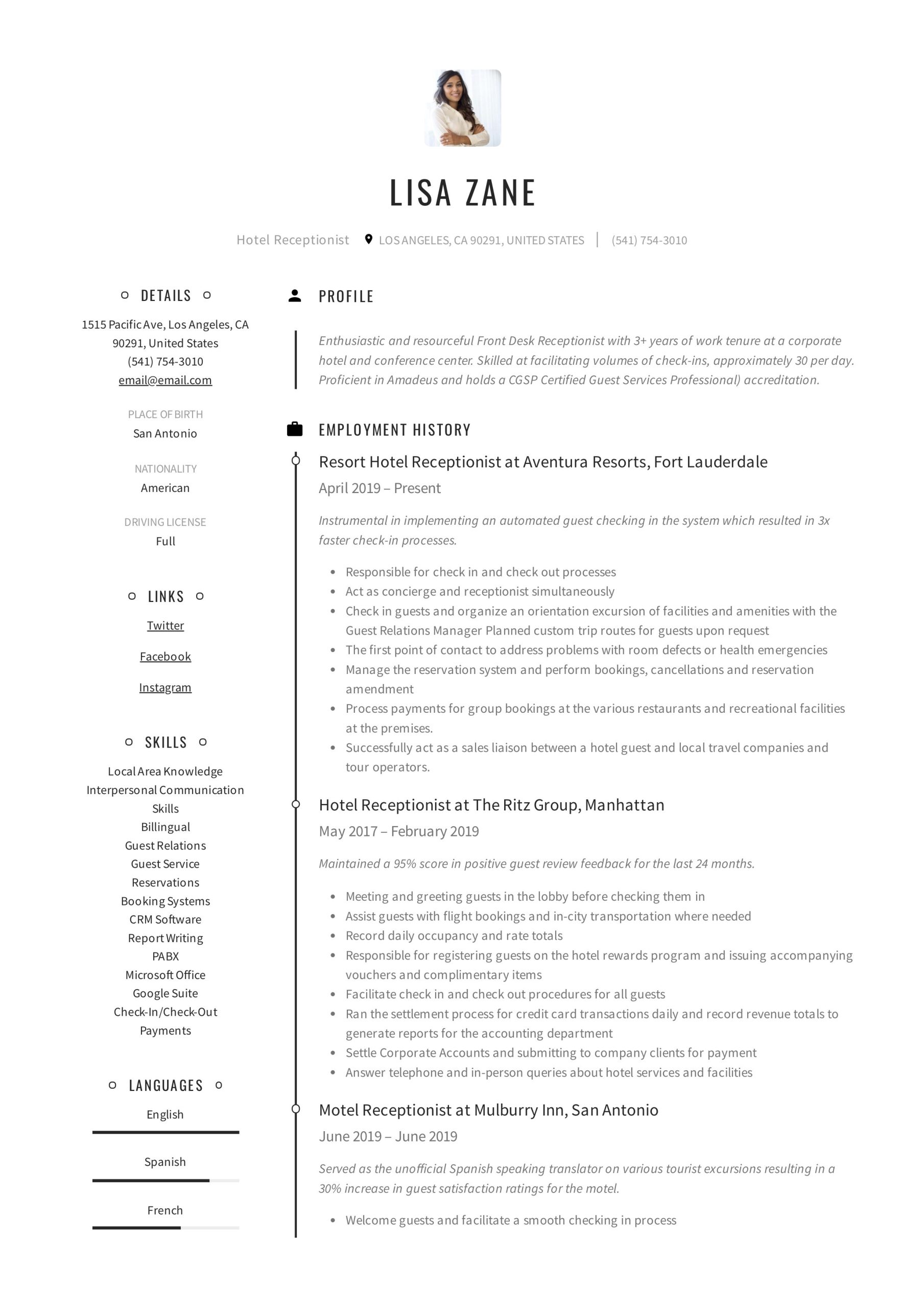 Sample Hotel Front Desk Clerk Resume Hotel Receptionist Resume & Writing Guide  12 Templates 2022