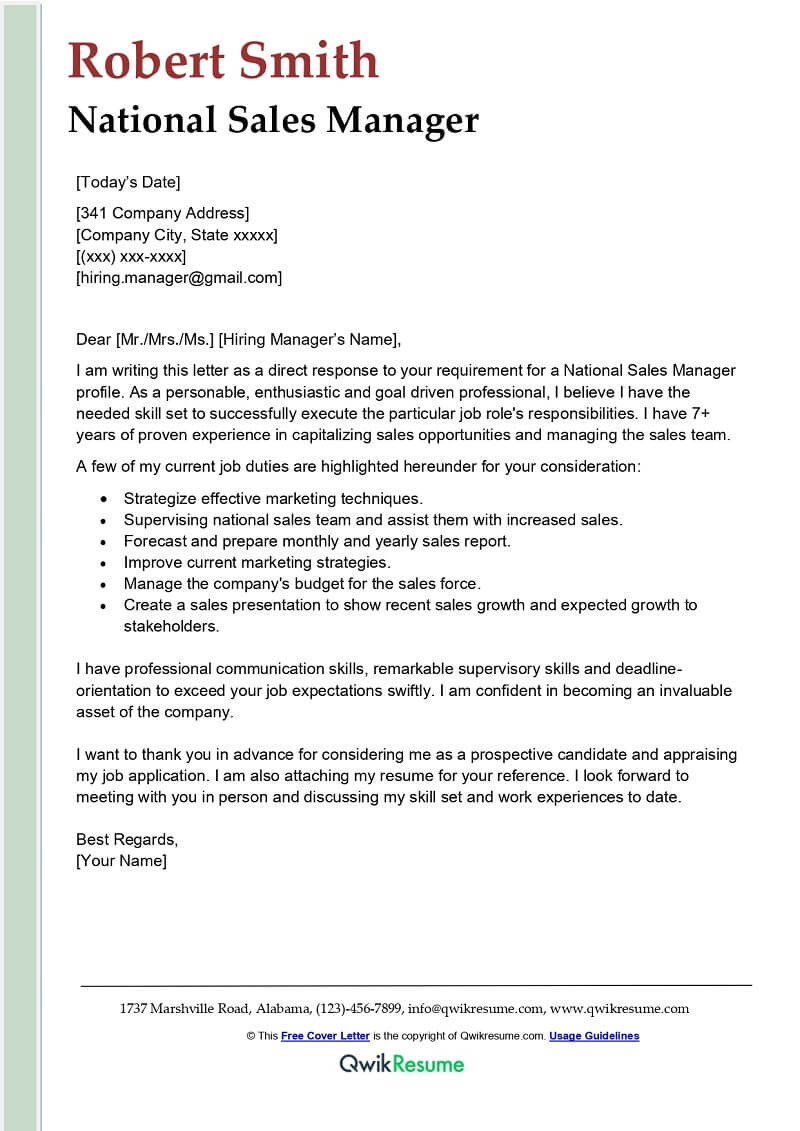 Sample Hotel Sales Manager Resume Cover Letter National Sales Manager Cover Letter Examples – Qwikresume