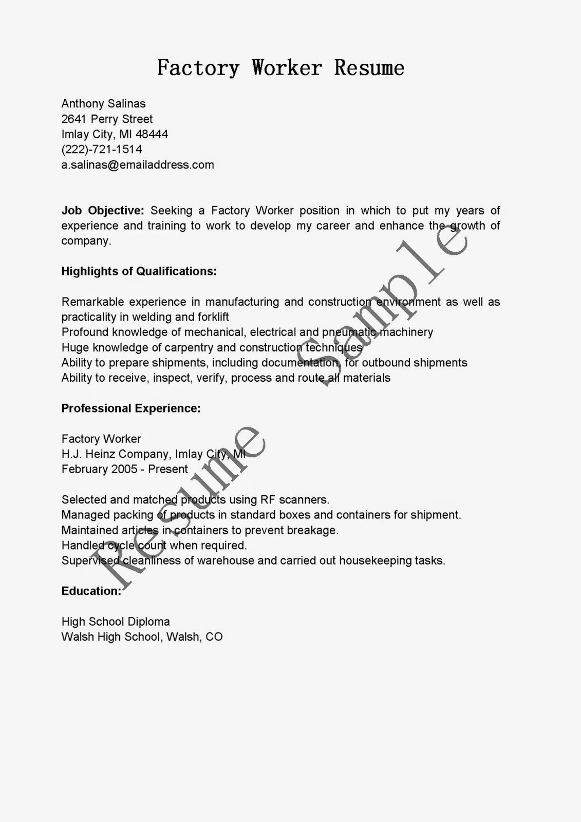 Sample Objective In Resume for Factory Worker Sample Resume Of Factory Worker Sample Objective In Resume for Factory Worker Sample Resume Of Factory Worker