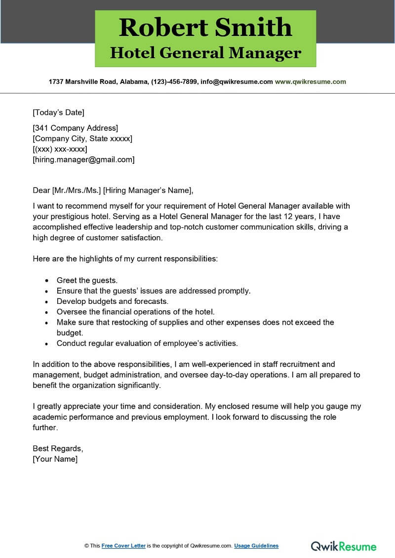 Sample Of Resumes for Hotel General Manager Positions Hotel General Manager Cover Letter Examples – Qwikresume