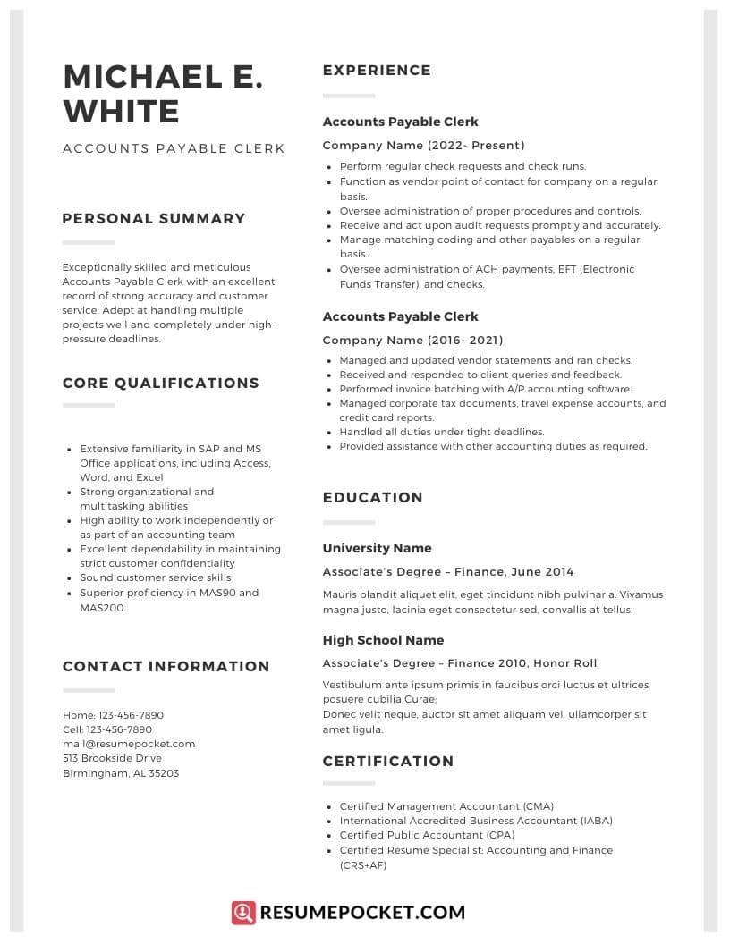 Sample Resume for Accounts Payable assistant Accounts Payable Clerk Resume Sample – Resumepocket