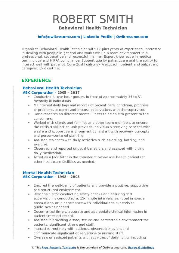 Sample Resume for Behavioral Health Technician Behavioral Health Technician Resume Samples