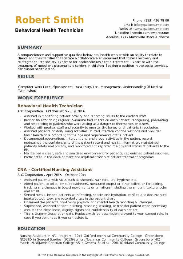 Sample Resume for Behavioral Health Technician Behavioral Health Technician Resume Samples Sample Resume for Behavioral Health Technician Behavioral Health Technician Resume Samples