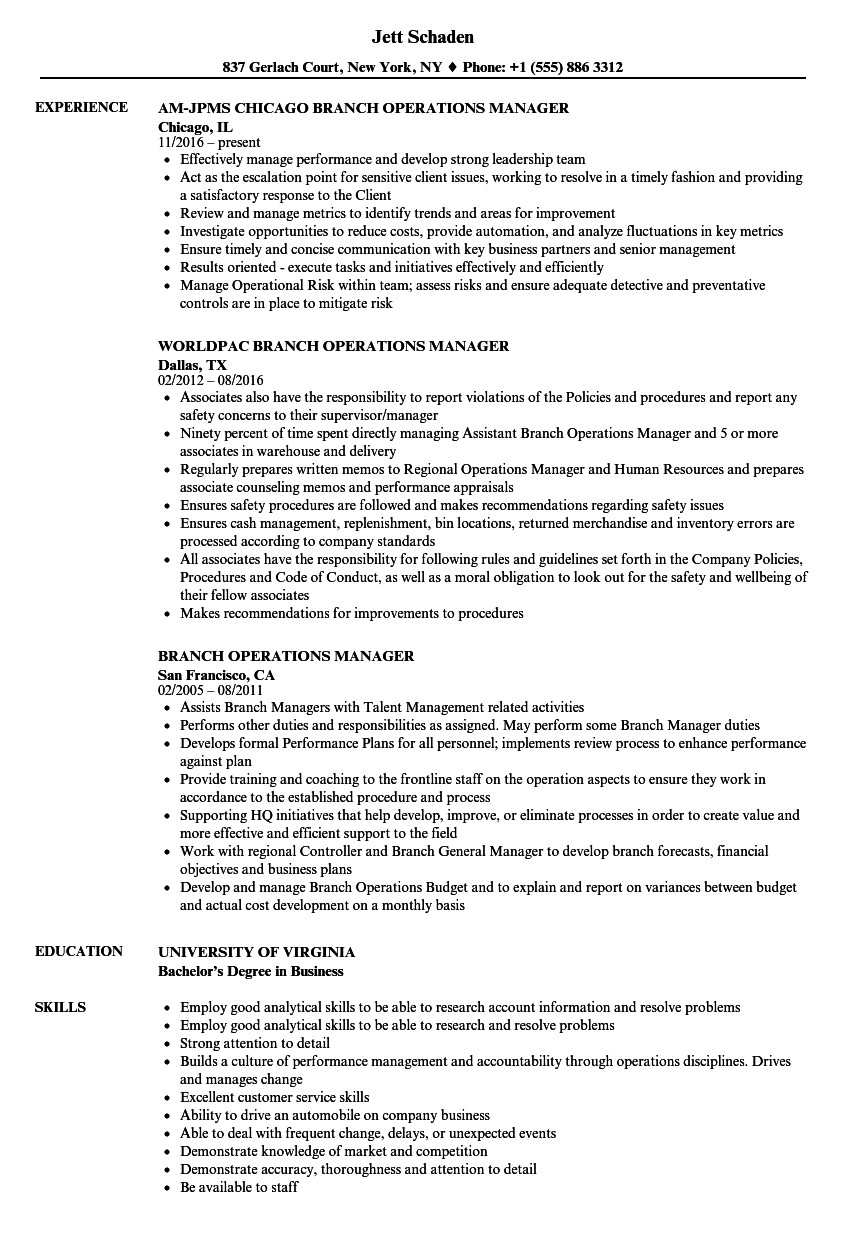 Sample Resume for Branch Operations Manager Branch Operations Manager Resume Samples