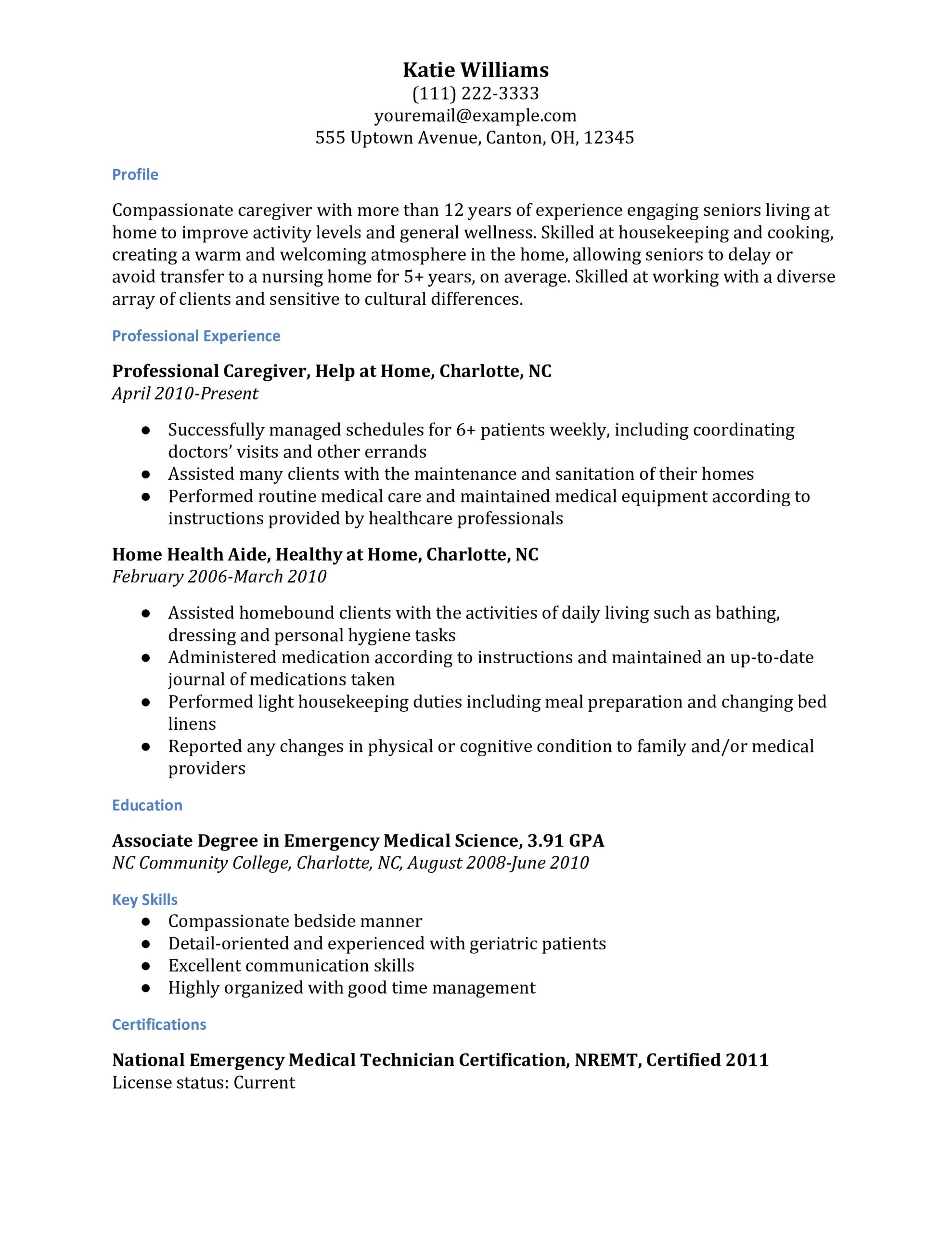 Sample Resume for Caregiver Position Elderly Caregiver Resume Examples – Resumebuilder.com