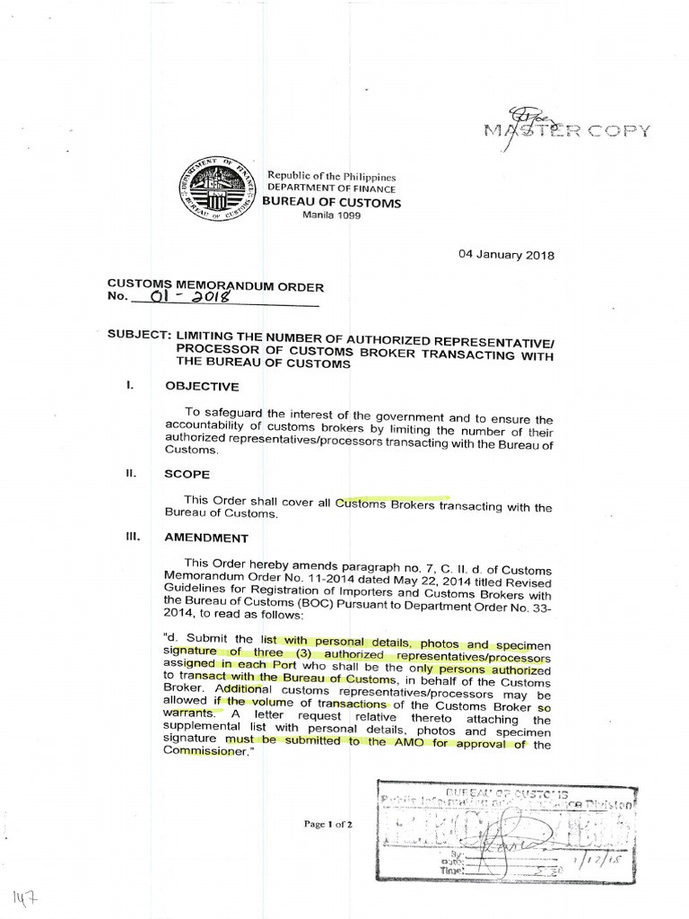 Sample Resume for Customs Broker Philippines Bureau Of Customs Cmo 01-2018 – Approval/disapproval Of …