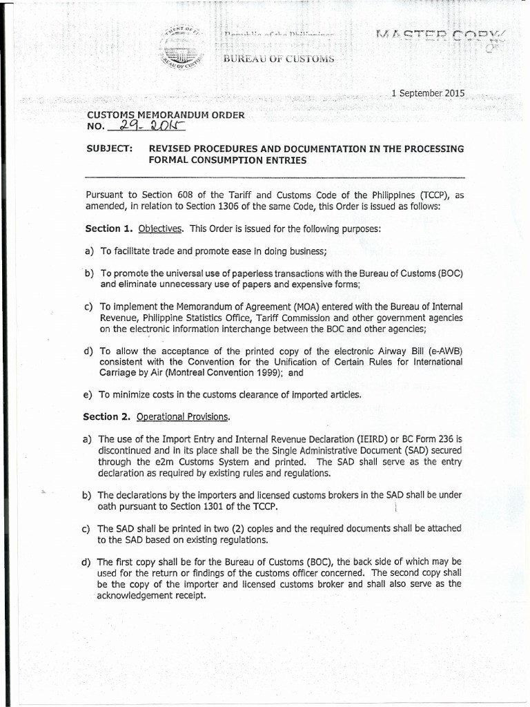 Sample Resume for Customs Broker Philippines Cmo29 2015 Revised Procedures Documentation Process for formal …