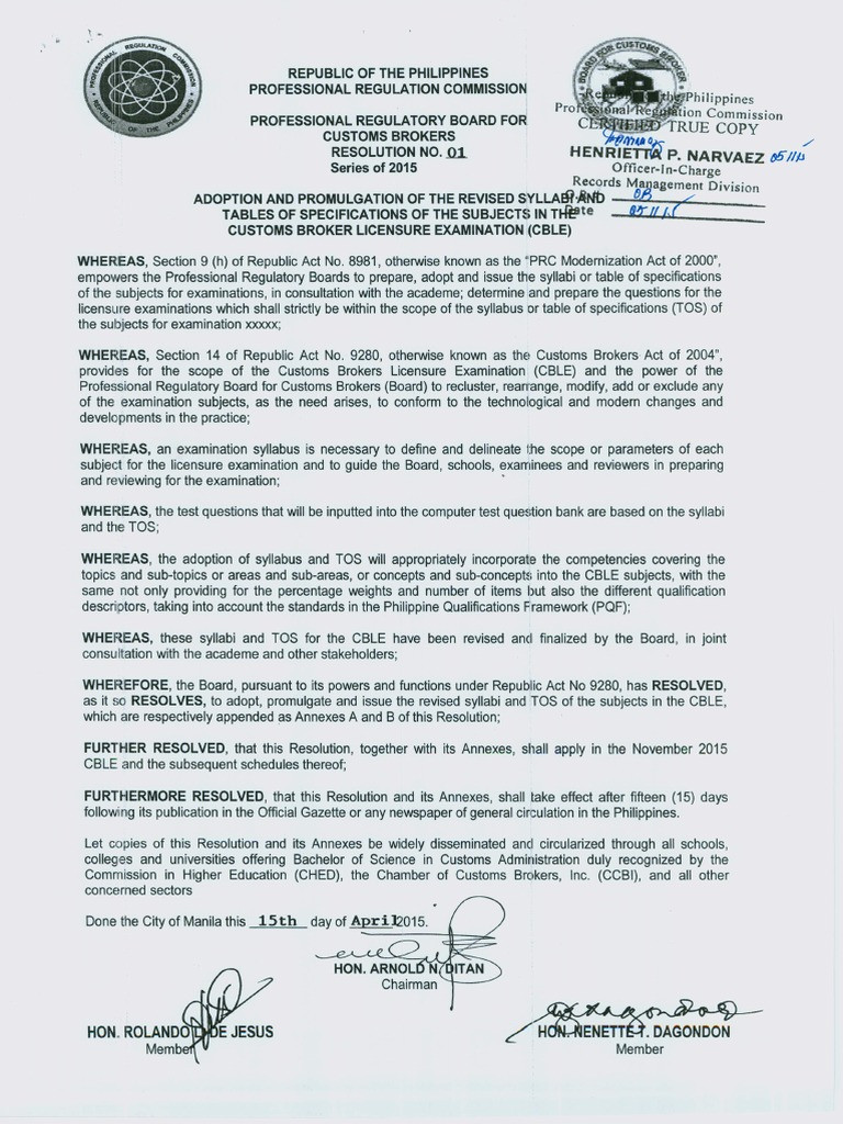 Sample Resume for Customs Broker Philippines Prcb Ref No 1-2015 Cnle Pdf