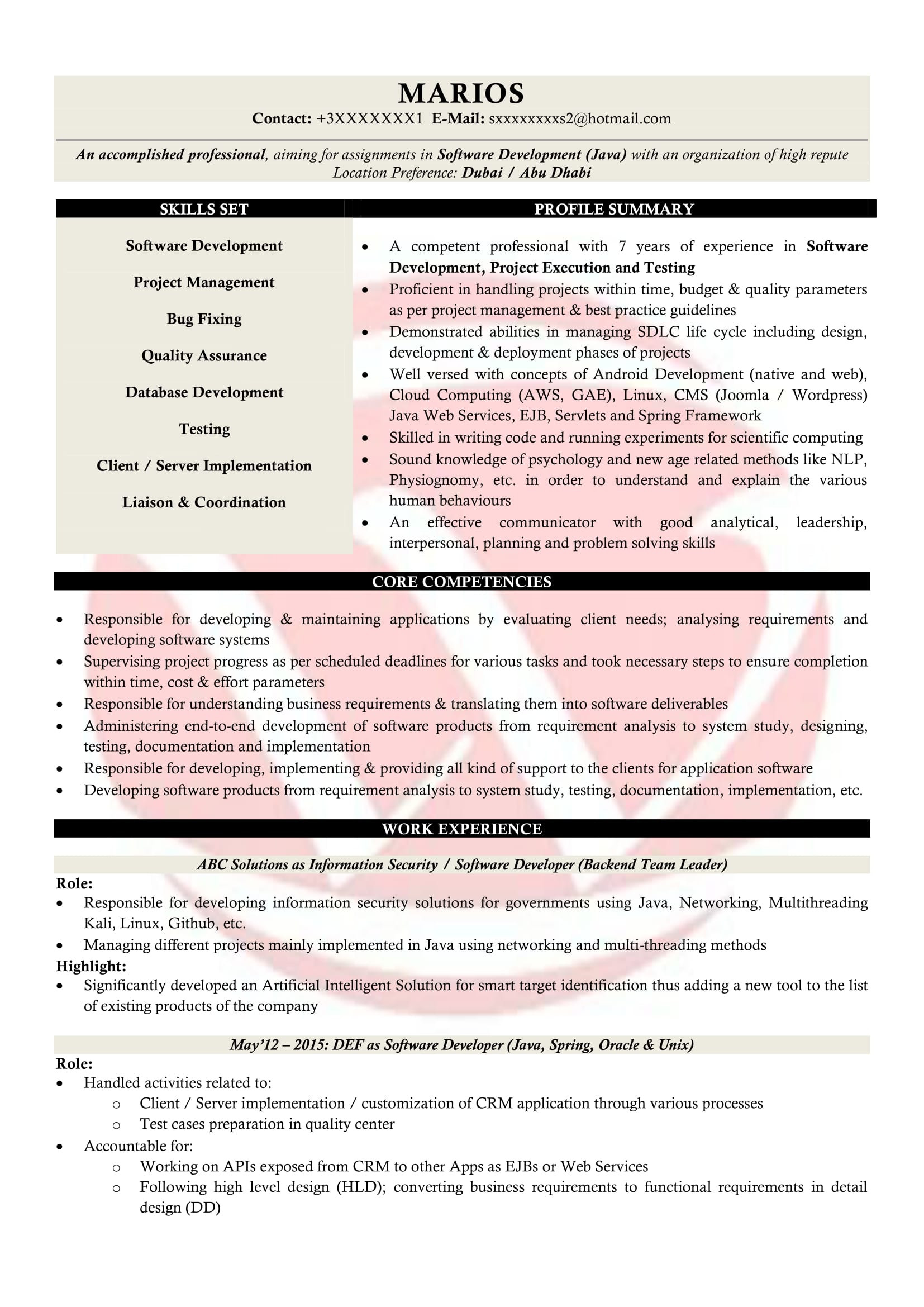 Sample Resume for Experienced Core Java Developer Java Developer Sample Resumes, Download Resume format Templates!