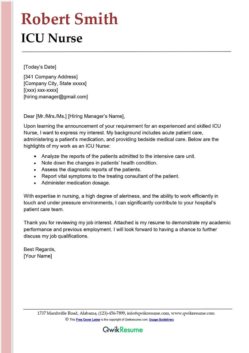 Sample Resume for Experienced Icu Nurse Icu Nurse Cover Letter Examples – Qwikresume